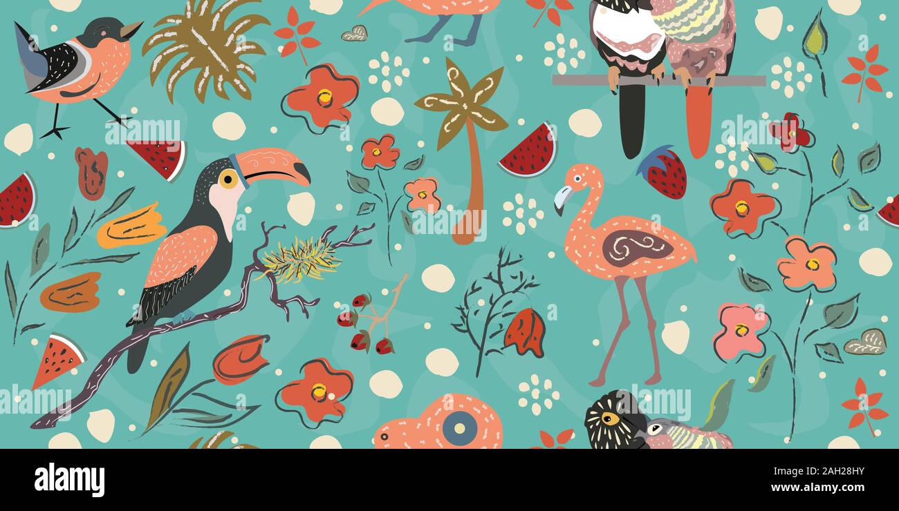 Grande collection tropical avec des oiseaux exotiques. Flamingo, perroquets, toucans, oiseaux d'Australie kiwi, petits oiseaux et plantes tropicales et de fleurs. El dessiné à la main Illustration de Vecteur