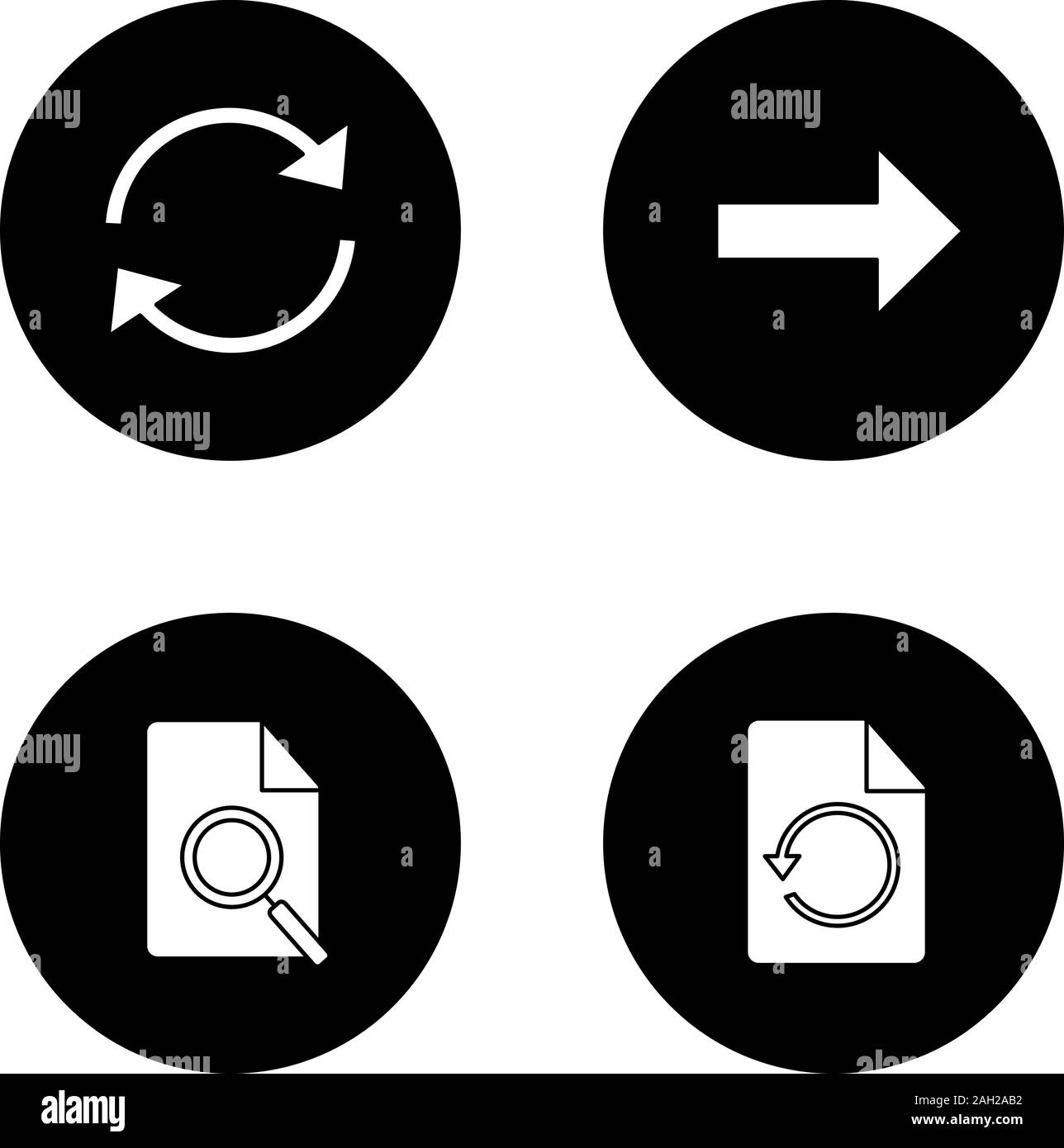 UI/UX glyphe icons set. Flèche d'actualisation, bouton suivant, trouver dans le fichier, restaurer la page. Vector silhouettes blanc illustrations de cercles noirs Illustration de Vecteur