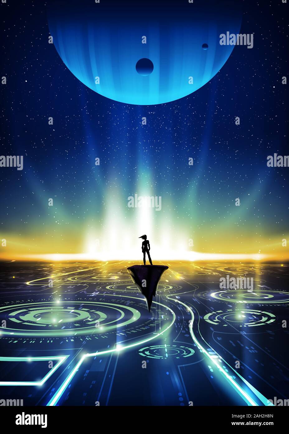 Une illustration de l'imagerie en vectoriel d'une femme debout sur le rocher flottant en attente de révéler de quelque chose à l'horizon. Illustration de Vecteur