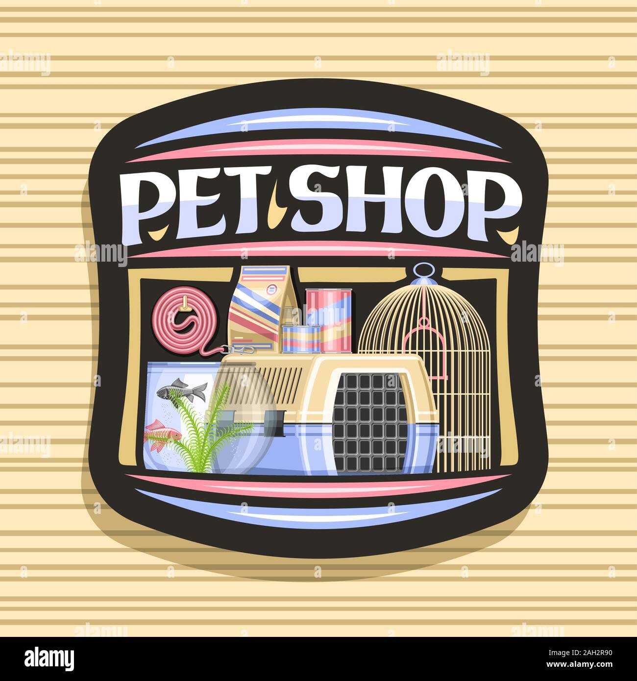 Logo Vector pour Pet Shop, étiquette décorative noire avec illustration de boîte de transport en plastique pour chat, un aquarium avec des poissons rouges et des algues dans l'eau, curl Illustration de Vecteur
