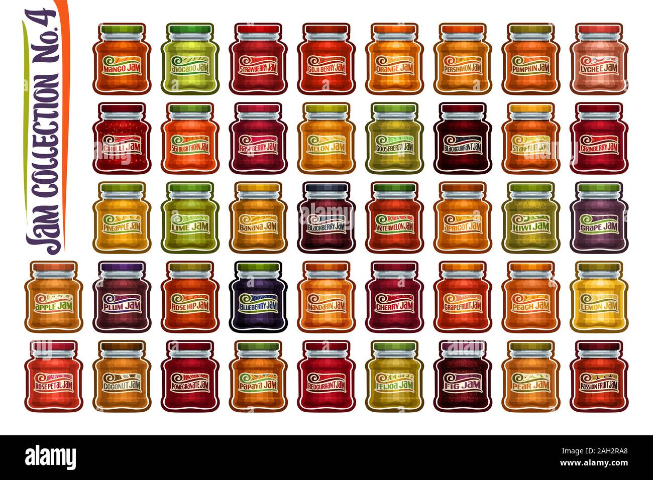 Vector set de différents pots de confiture, groupe de 42 objets découpés colorés de fruits des conteneurs, des illustrations graphiques de divers gros pots de verre avec meta Illustration de Vecteur