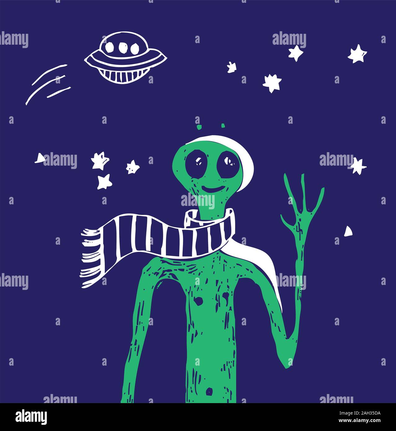 Bleu espace OVNI extraterrestre étoiles vert personnes carte d'affiche Illustration de Vecteur