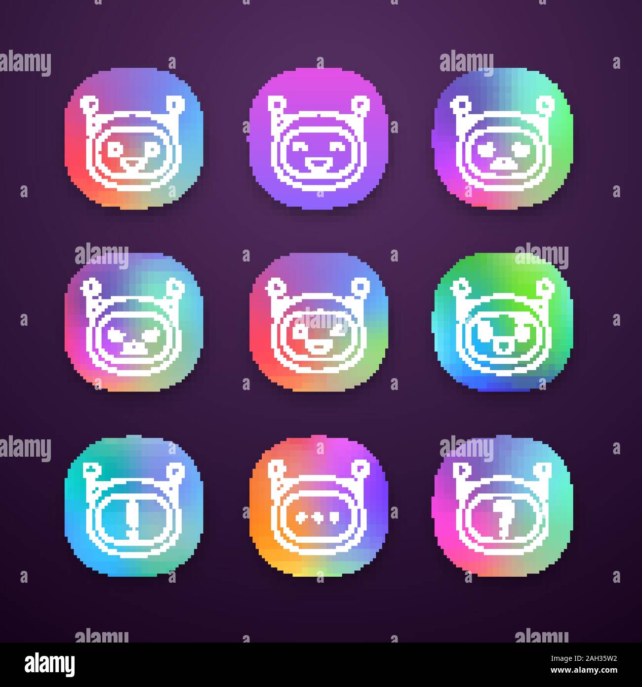 Émoticônes Robot app icons set. UI/UX interface utilisateur. Chatbot émoticônes. Chat bot smileys. L'intelligence artificielle. Les applications Web ou mobile. Iso vecteur Illustration de Vecteur