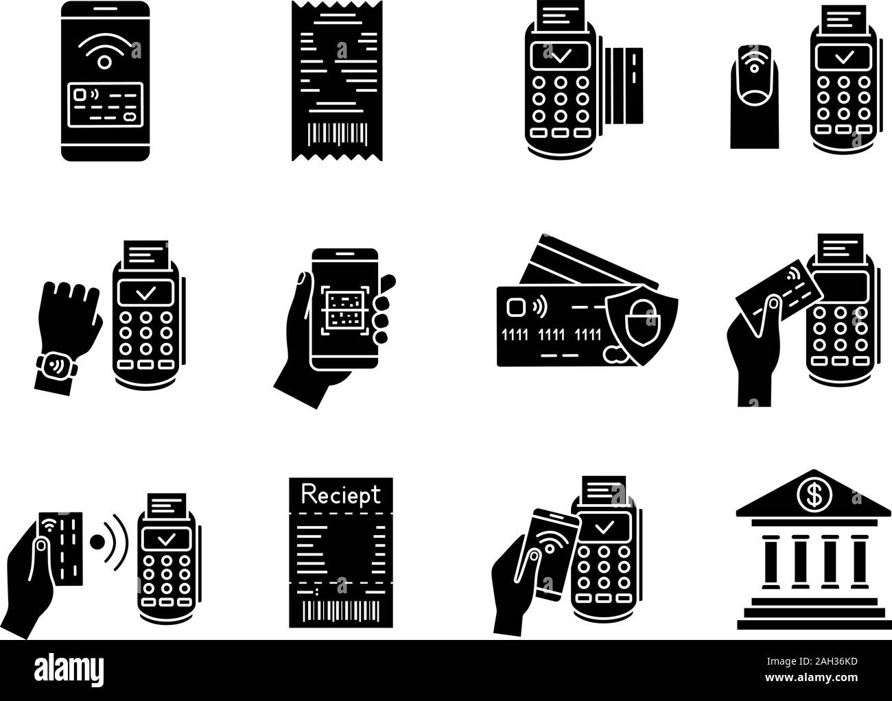 Glyphe de paiement NFC icons set. L'argent électronique. Les paiements sans contact et sans espèces. Achat numérique. Services bancaires en ligne. Symboles de Silhouette. Isoler le vecteur Illustration de Vecteur