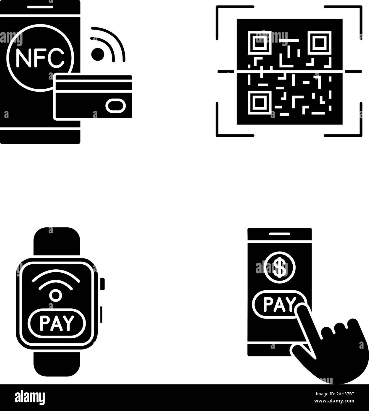 E-paiement glyphe icons set. Payer avec le smartphone NFC, smartwatch, QR  code scanner, le paiement sans contact. Symboles de Silhouette. Vector  illustration isolé Image Vectorielle Stock - Alamy