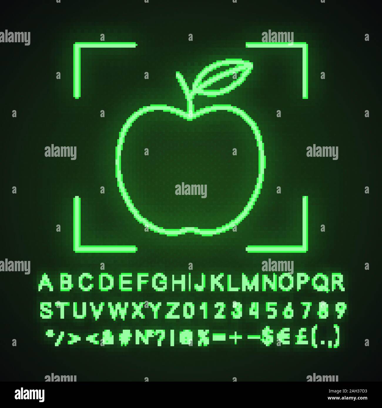 Détection de l'objet icône app neon light. L'apprentissage en profondeur. L'intelligence artificielle. Apple en focus. Signe rougeoyant avec alphabet, chiffres et symboles. Vector Illustration de Vecteur