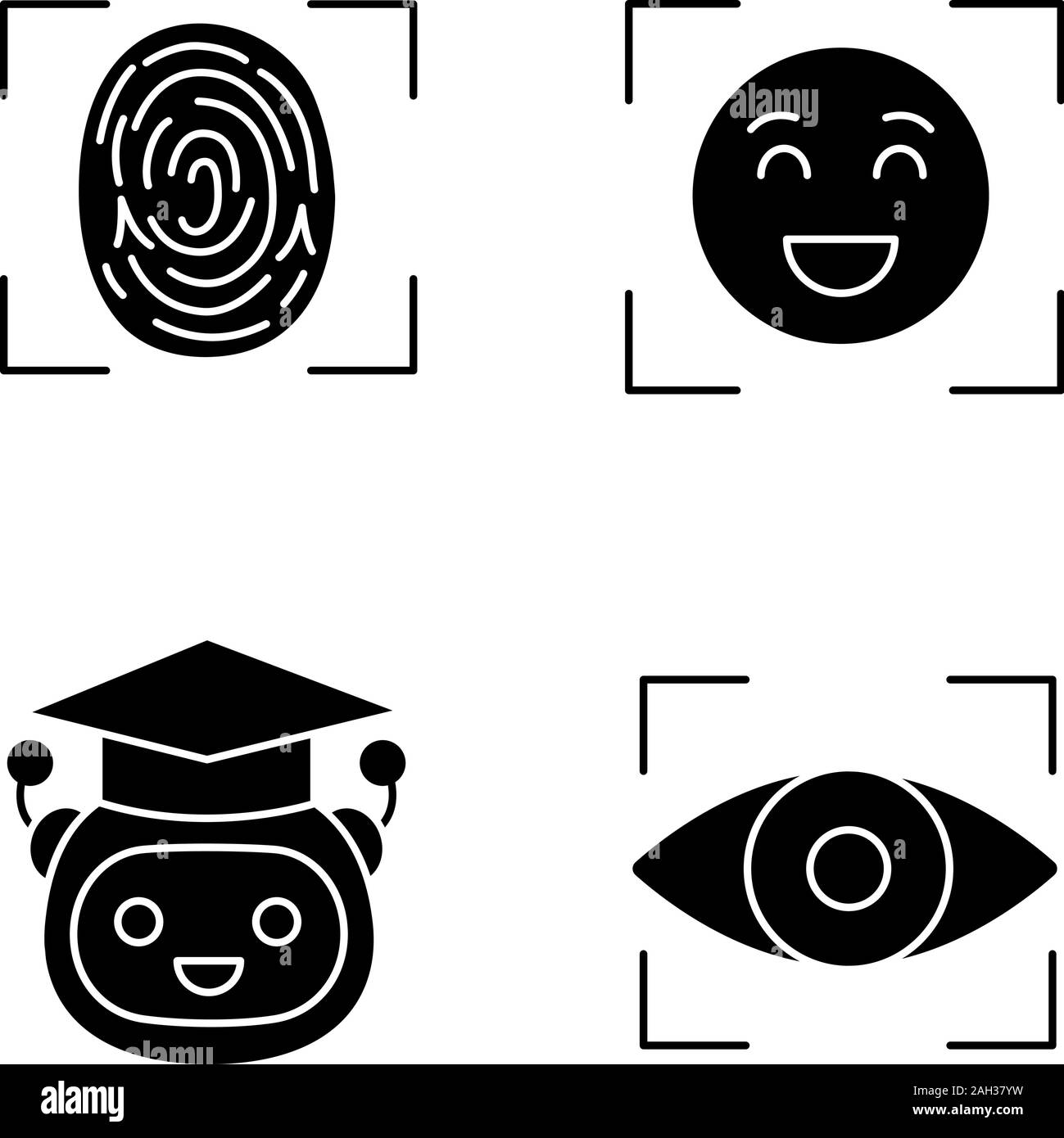 Glyphe d'apprentissage automatique icons set. Identification des empreintes digitales, enseignant, détection des émotions bot, scan de la rétine. Symboles de Silhouette. Vector isolated illustr Illustration de Vecteur