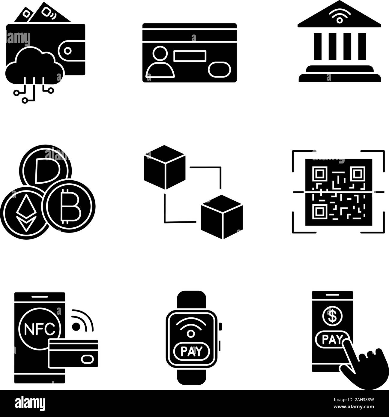E-paiement glyphe icons set. L'argent électronique. Les paiements sans contact et sans espèces. Achat numérique. Services bancaires en ligne. La technologie NFC. Symboles de Silhouette. Illustration de Vecteur