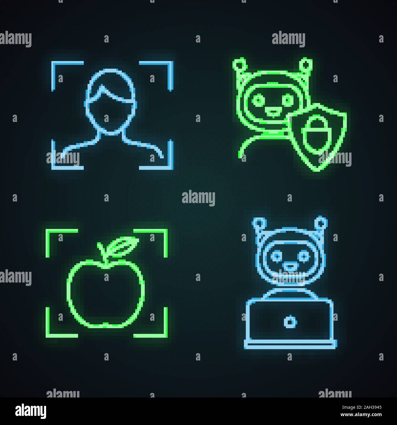 L'apprentissage machine neon light icons set. La reconnaissance faciale, garantis chatbot, détection d'objet Application, chat bot. Les panneaux lumineux. Vector isolated illustratio Illustration de Vecteur