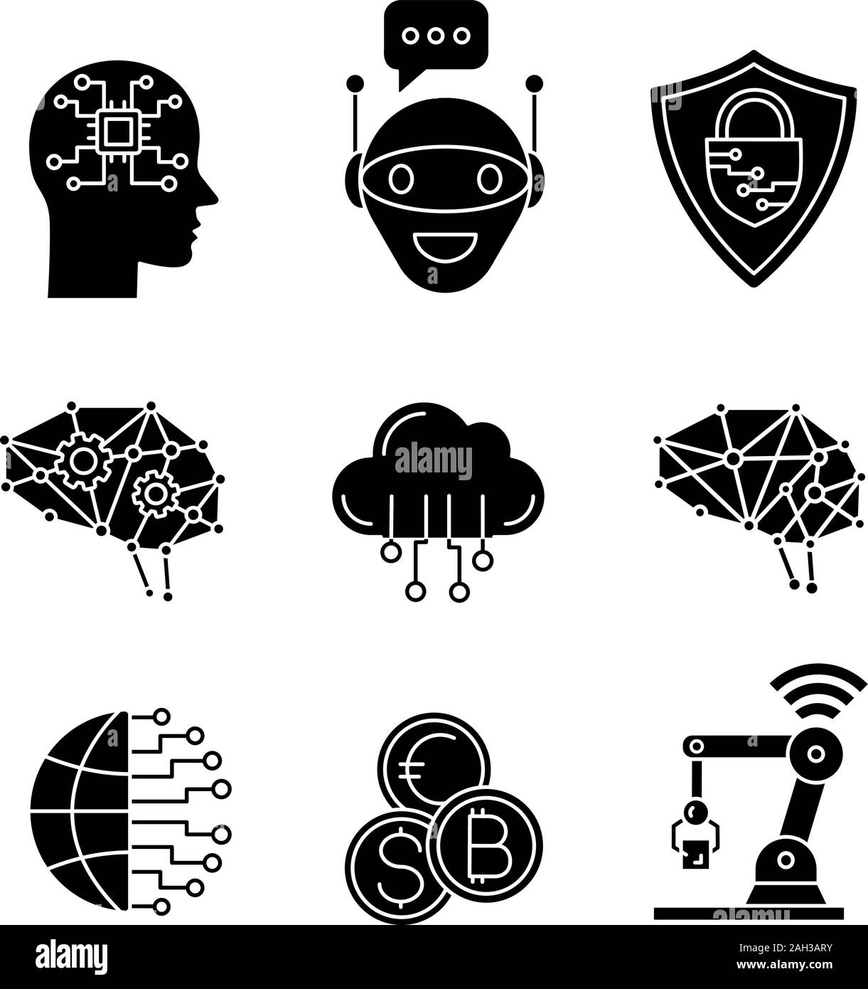 Glyphe d'intelligence artificielle icons set. Symboles de Silhouette. L'IA. Chat bot, la cybersécurité, cloud computing, big data, internet des objets, cerveau numérique Illustration de Vecteur