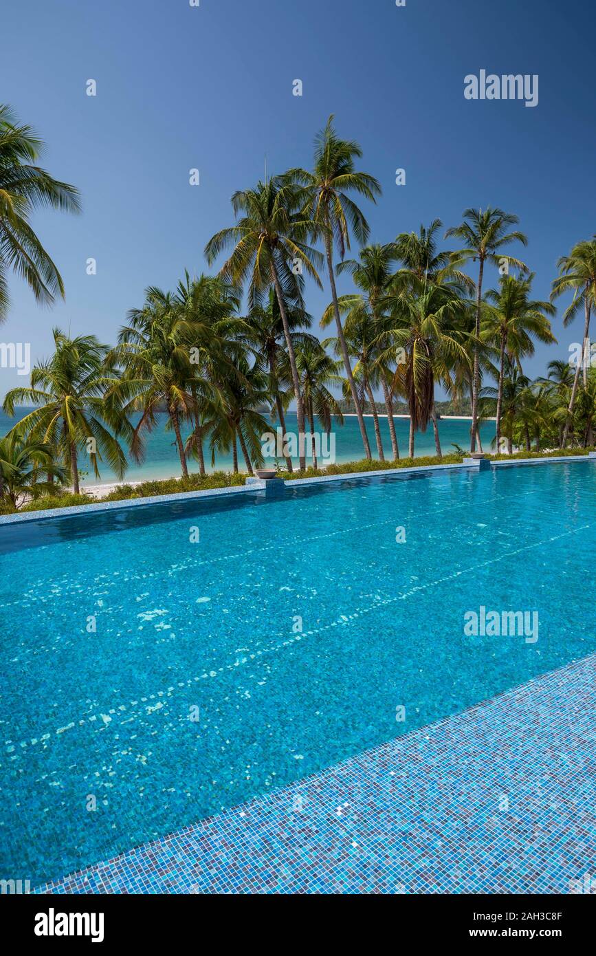 Une piscine à débordement entre les palmiers sur la plage sur l'océan Pacifique, l'archipel de las Perlas, Panama, Amérique Centrale Banque D'Images
