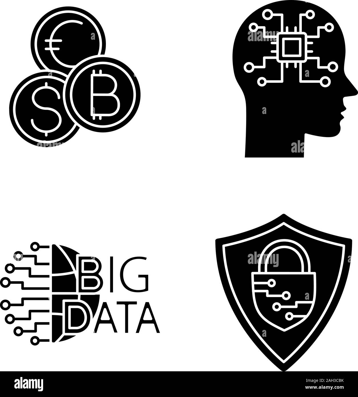 Glyph icons set. Symboles de Silhouette. Neurotechnologie. L'IA. Big Data, service de change, la cybersécurité, robot. Vector illustration isolé Illustration de Vecteur