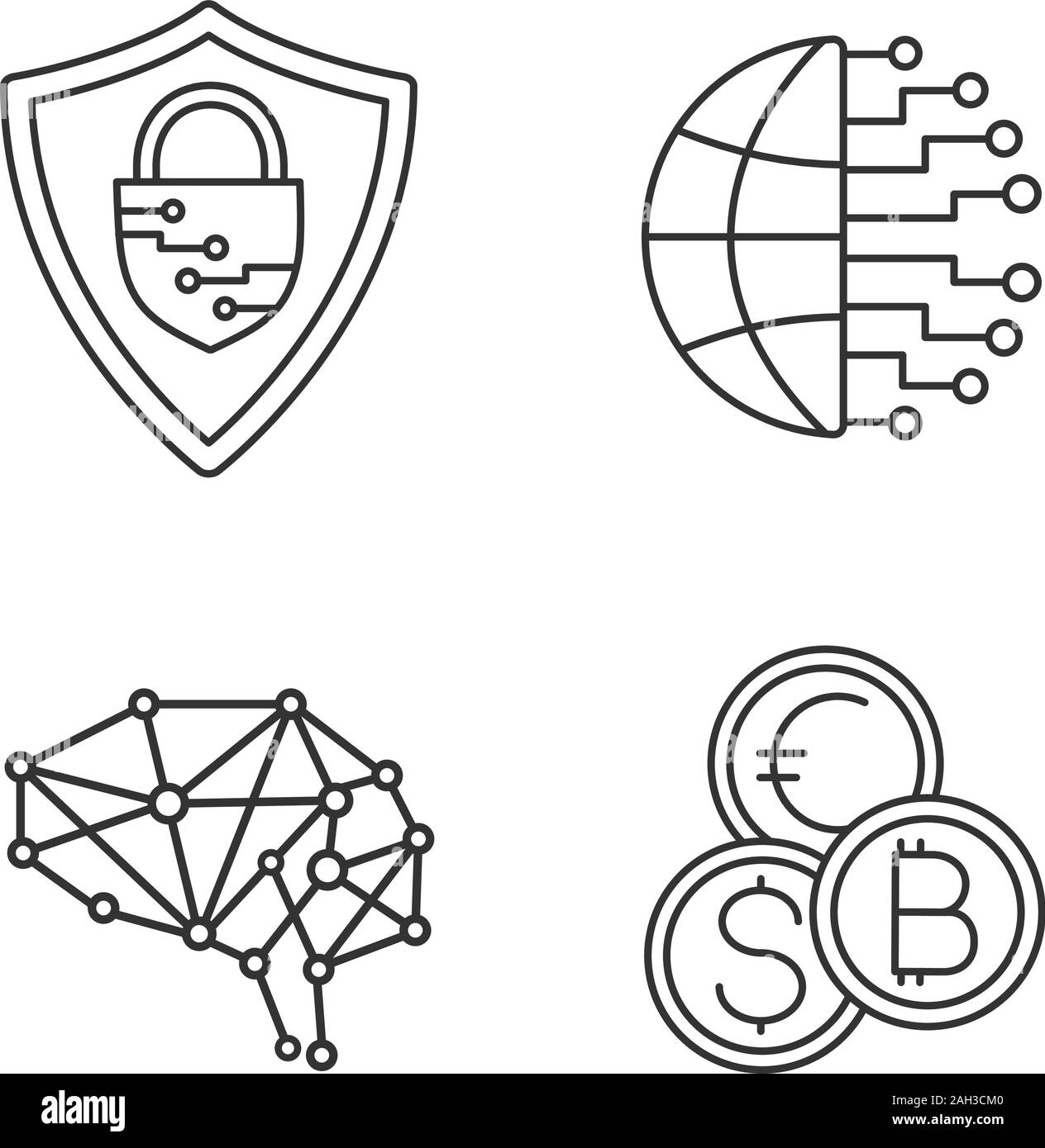L'intelligence artificielle icons set linéaire. Fine ligne contour des symboles. Neurotechnologie. La cybersécurité, cerveau numérique, service de change, big data. Isola Illustration de Vecteur