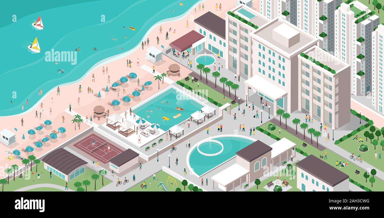 Hôtel de luxe resort avec les personnes, les bâtiments et la plage, vector illustration isométrique, voyages et tourisme concept Illustration de Vecteur