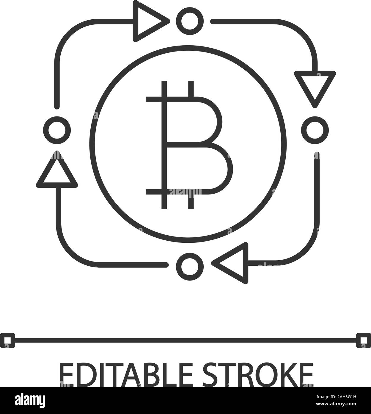 Échange Bitcoin icône linéaire. Transaction de devises numériques. Circle flèches avec l'intérieur de bitcoin. Remboursement cryptocurrency symbole de contour. Fintech, big data Illustration de Vecteur