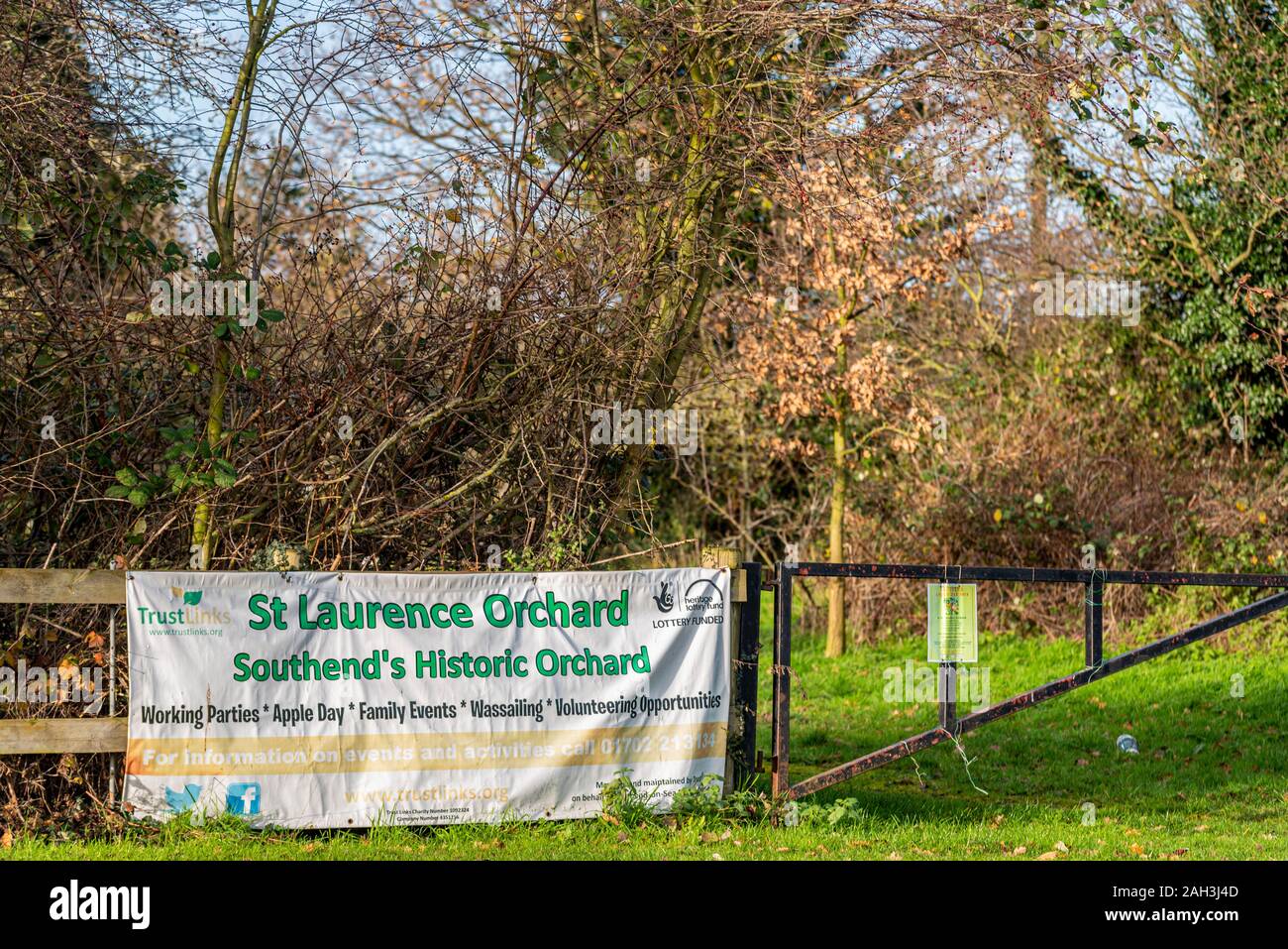 St Laurence Verger, Southend on Sea, Essex, Royaume-Uni. Historique de Southend Verger, bannière. Près de l'aéroport de Londres Southend Banque D'Images
