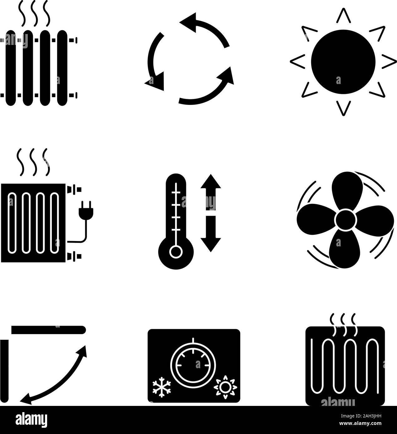 Climatisation glyphe icons set. Radiateurs, ventilation, soleil,  climatisation réglable, ventilateur d'échappement, revitalisant louvre,  thermostat, élément de chauffage. Silhouet Image Vectorielle Stock - Alamy