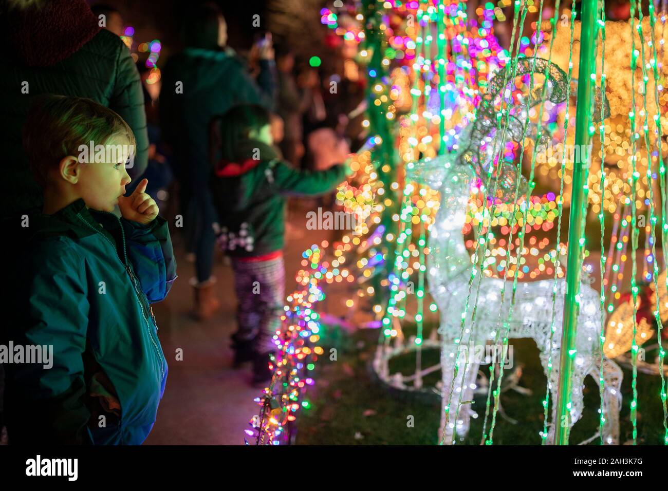 San Francisco, USA. Dec 23, 2019. Un enfant regarde décorations de Noël sur l'Avenue d'Eucalyptus dans la région de San Carlos de la Californie, États-Unis, le 23 décembre 2019. Crédit : Li Jianguo/Xinhua/Alamy Live News Banque D'Images