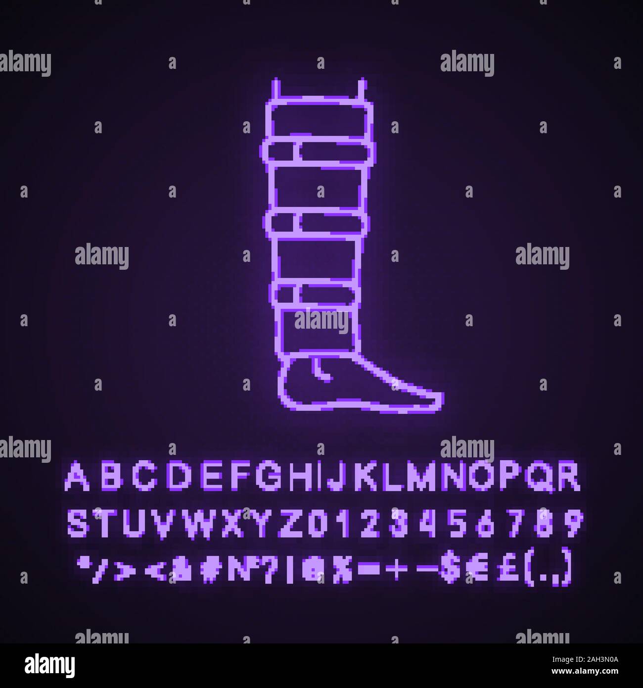 Renfort tibia neon light icône. Shin soutien. Mollet réglable renfort. Signe éclatant avec l'alphabet, les nombres. La compression de la jambe d'enrubannage. Le soulagement de la douleur de la jambe. Cal Illustration de Vecteur