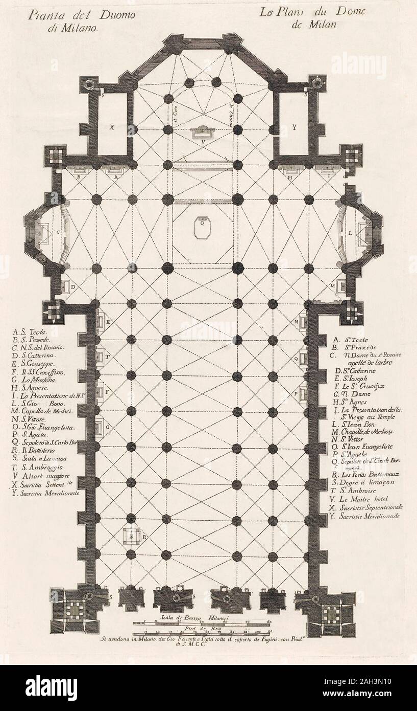 Plan de masse du Duomo, ou la cathédrale de Milan, en Italie. Après un travail du 18ème siècle par un graveur d'anonyme. Banque D'Images