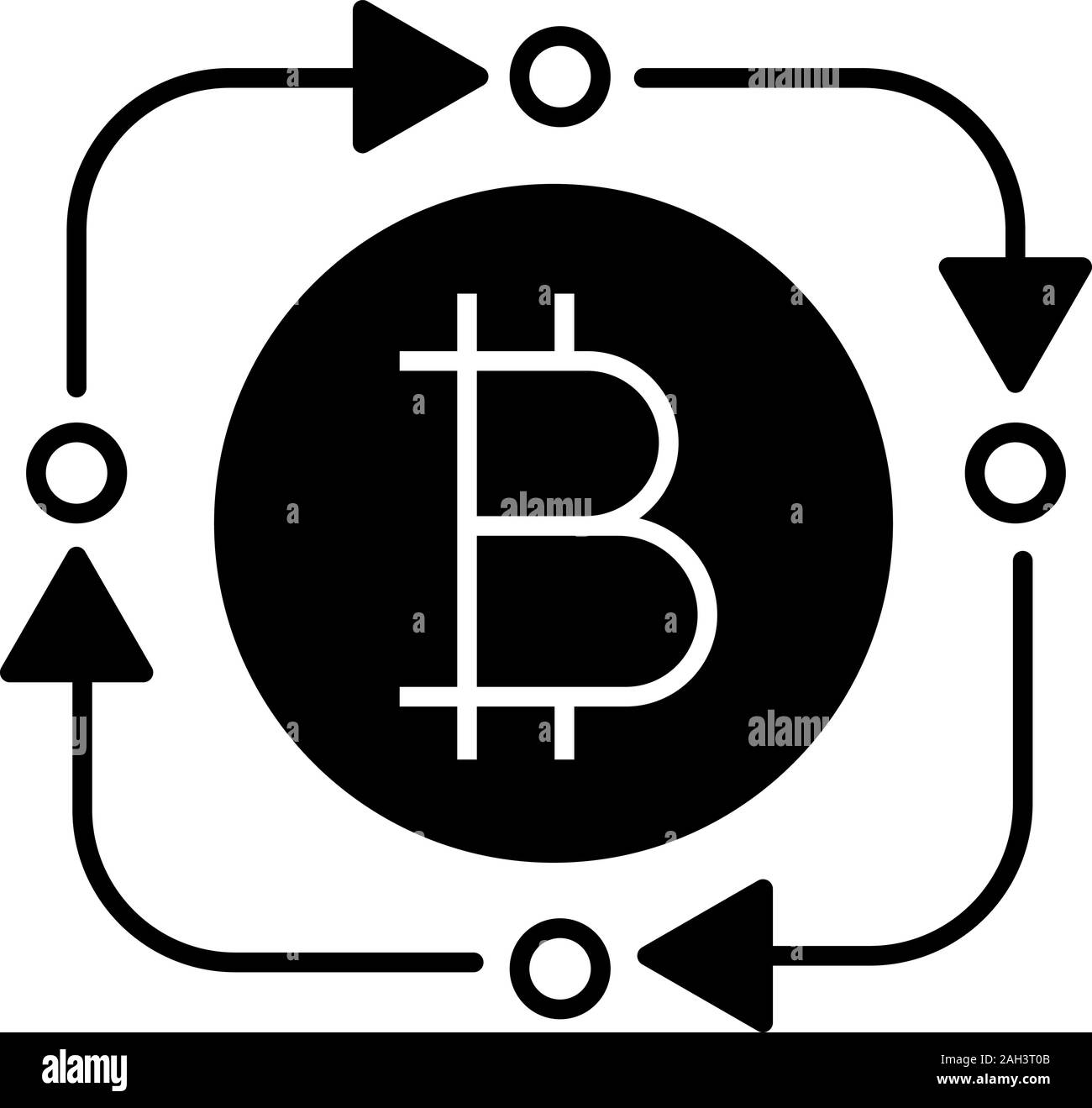 Glyphe d'échange Bitcoin icône. Transaction de devises numériques. Symbole de Silhouette. Circle flèches avec l'intérieur de bitcoin. Remboursement cryptocurrency symbole de contour. Illustration de Vecteur