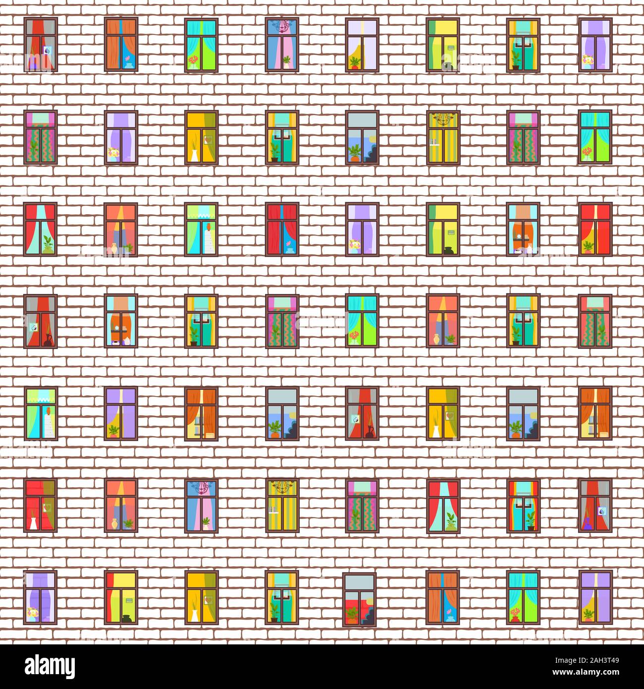 Allumé windows dans façade de grand appartement, immeuble panorama, modèle sans couture location maison de ville, mur de brique. Multi-couleur avec windows va Illustration de Vecteur