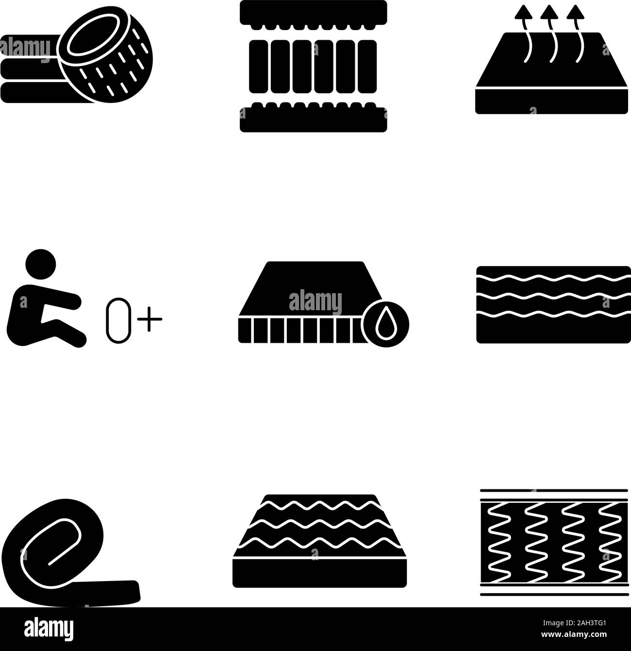 Glyphe de matelas icons set. Fibre de coco, de remplissage en mousse à mémoire, étanche, orthopédique, printemps, springless rouler, respirant, matelas pour nouveau-né. S Illustration de Vecteur