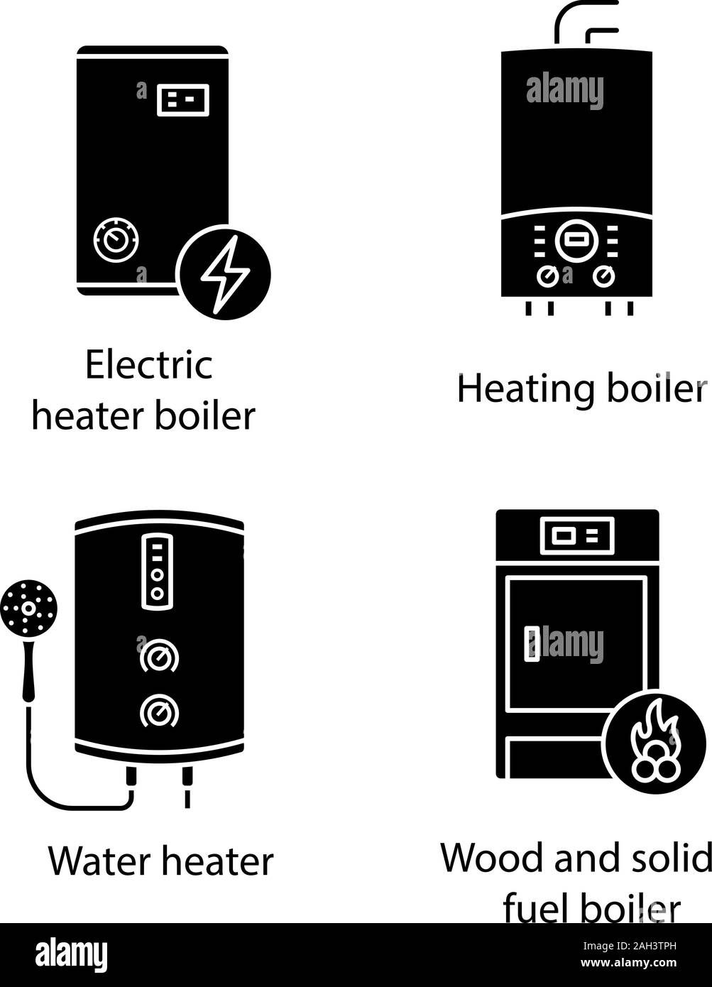 Glyphe de chauffage icons set. Chauffe eau électrique, gaz et électrique chauffe-eau, chaudières. Symboles de Silhouette. Vector illustration isolé Illustration de Vecteur