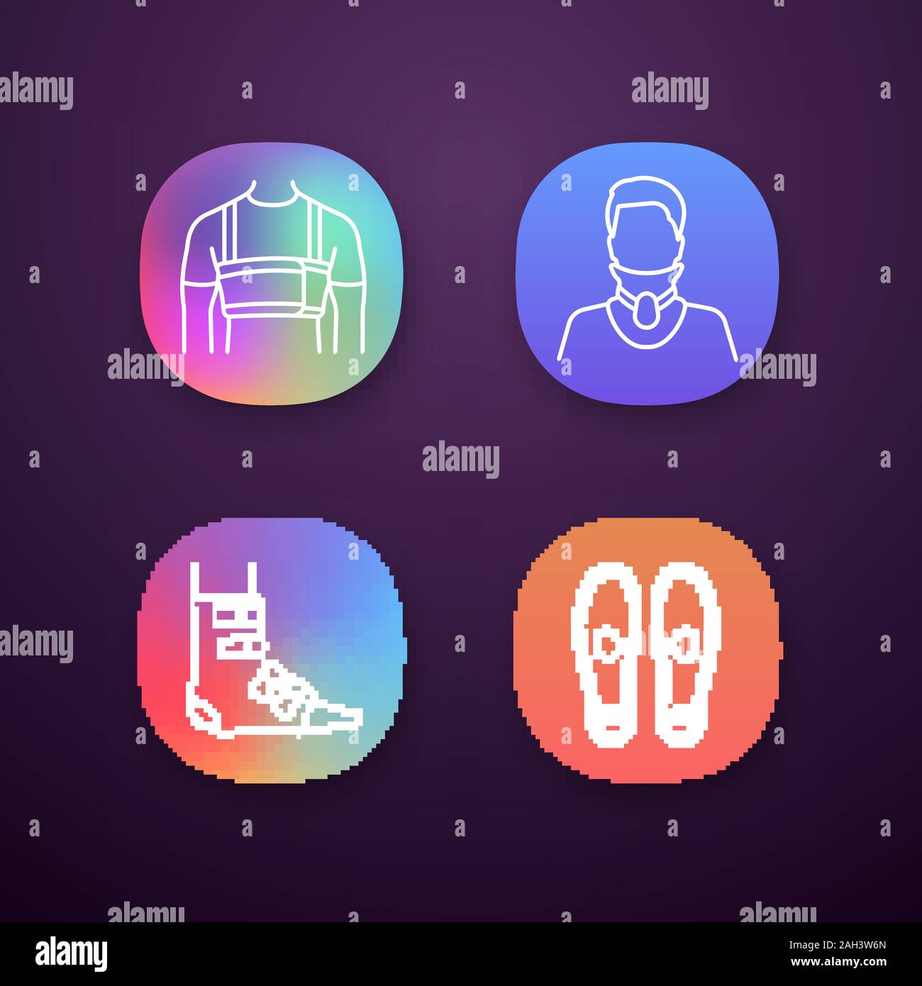 Traitement des traumatismes app icons set. Les hommes de chirurgie thoracique, la ceinture collier cervical, cheville pied semelles orthopédiques, brace. UI/UX interface utilisateur. Ap mobile ou Web Illustration de Vecteur