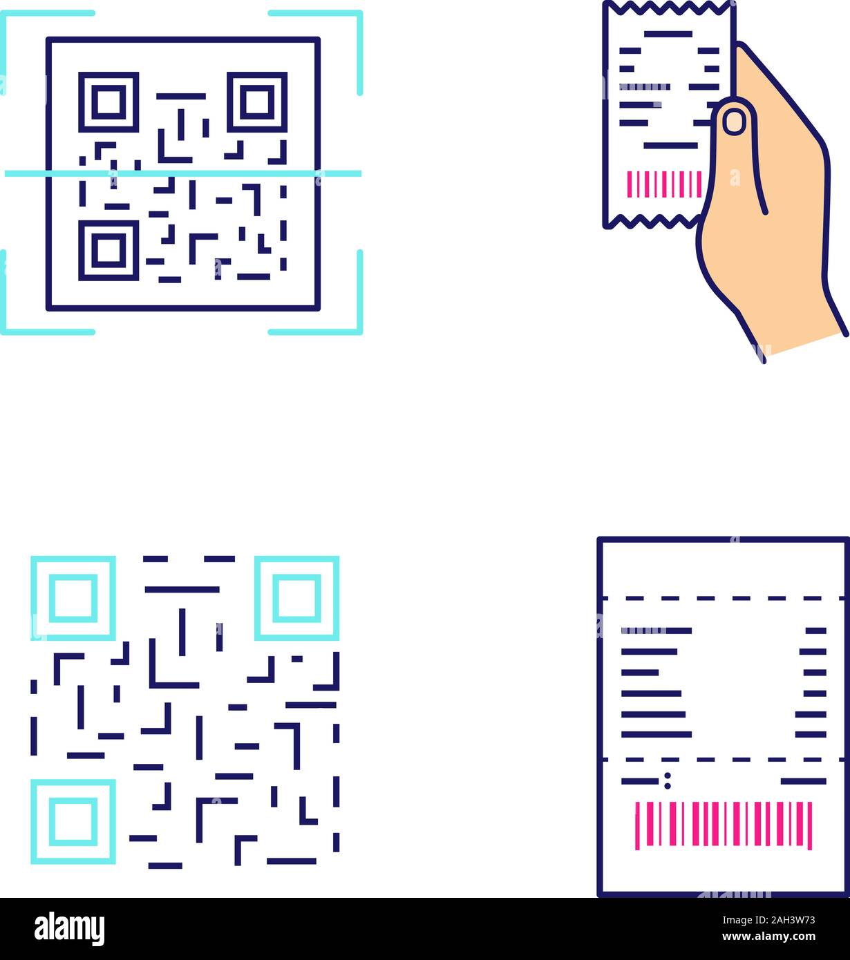 Brcodes icônes couleur définie. QR Code Scanner, reçu papier en main