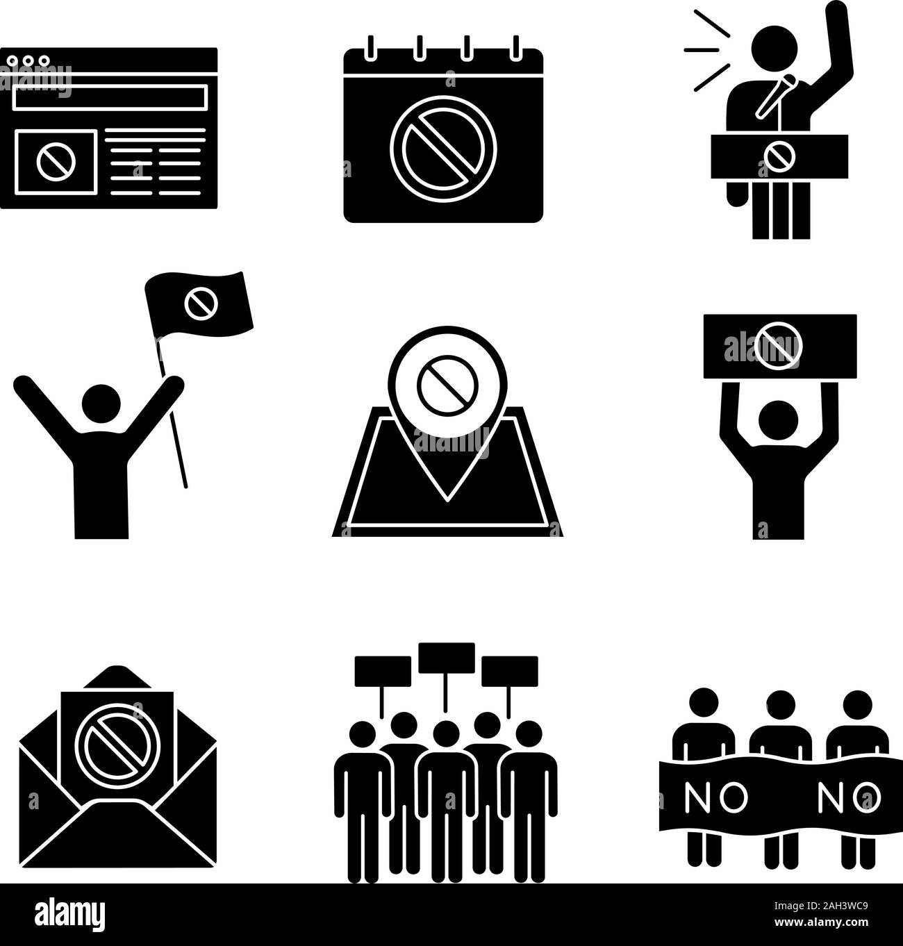 Action de protestation, glyphe icons set. Bannière de protestation, date, manifestant, internet news, localisation, e-mail, de pieux, de grève, discours. Symboles de Silhouette. Vecteur est Illustration de Vecteur