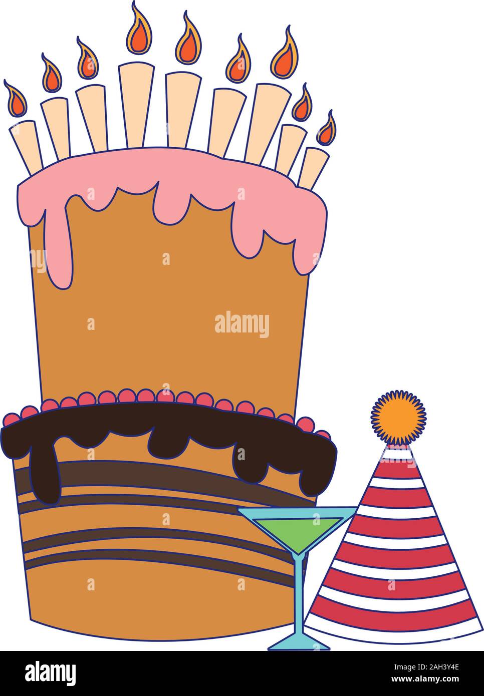 Grand Gateau D Anniversaire Avec Aperitif Et Party Hat Image Vectorielle Stock Alamy