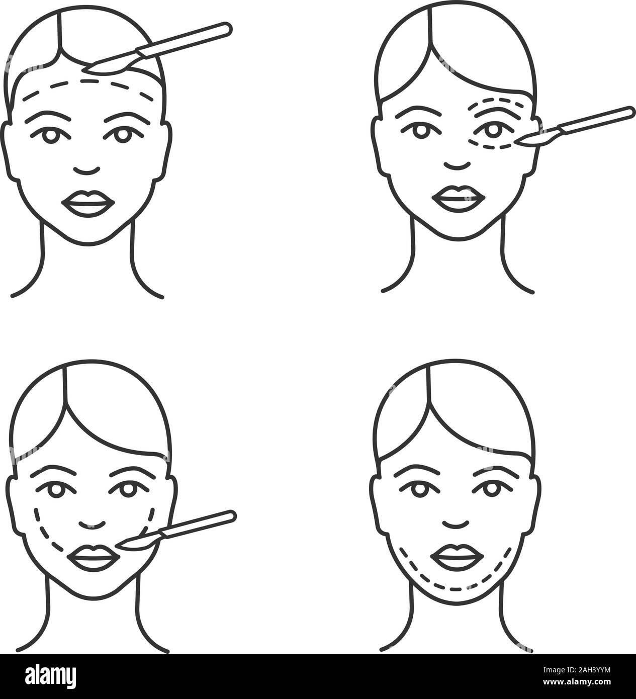 Chirurgie plastique icons set linéaire. Lifting, la blépharoplastie, double menton dépose, la chirurgie d'ascenseur de la joue. Fine ligne contour des symboles. Vecto isolés Illustration de Vecteur