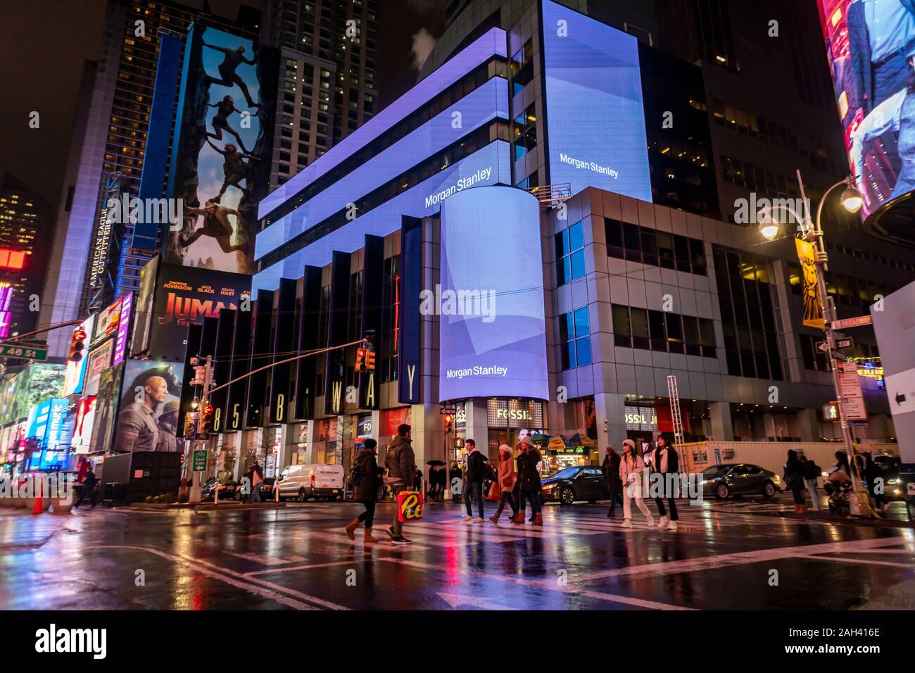 Morgan Stanley s'engage dans l'auto-promotion et affiche une moir sur l'affichage numérique sur leurs capacités à New York le mardi, 17 décembre 2019. (© Richard B. Levine) Banque D'Images