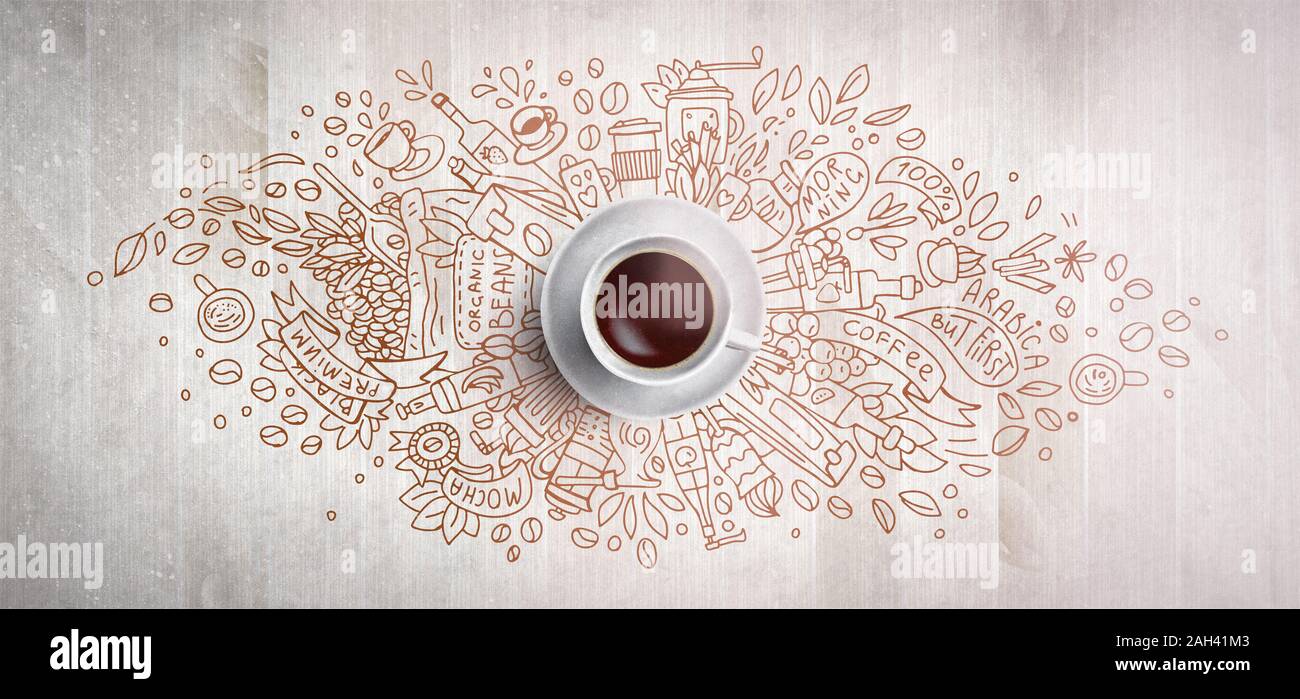 Concept du café sur fond de bois - tasse de café blanc, vue du dessus avec une illustration de la doodle sur le café, les haricots, le matin, l'expresso dans le café, le petit déjeuner Banque D'Images