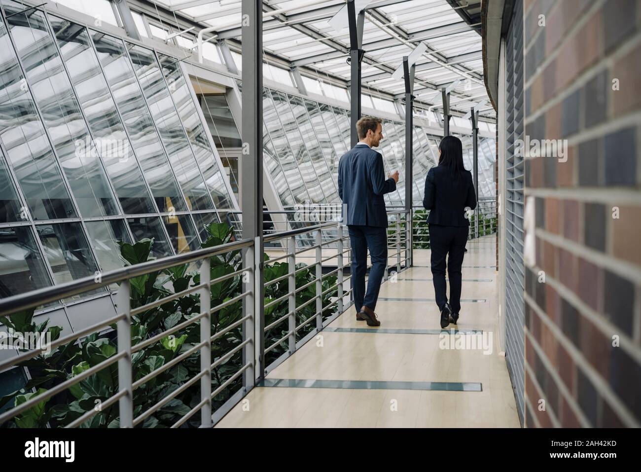 Vue arrière du businessman and businesswoman walking in modern office building Banque D'Images
