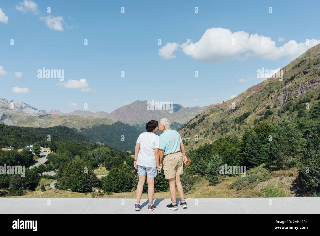 Vue arrière de kissing senior couple, Jaca, Espagne Banque D'Images