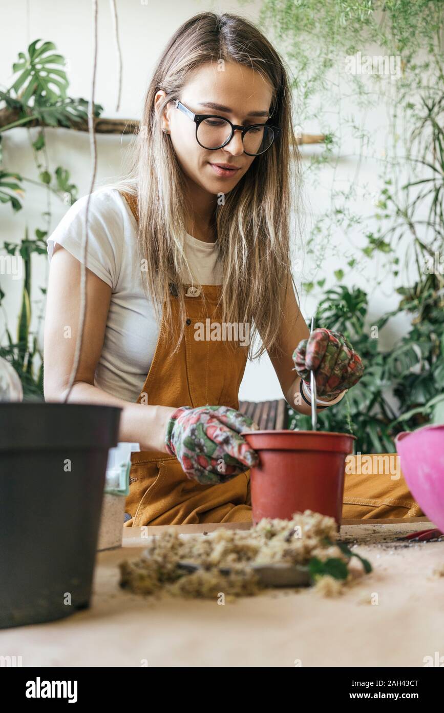 Jeune femme travaillant à table dans une petite boutique de jardinage Banque D'Images