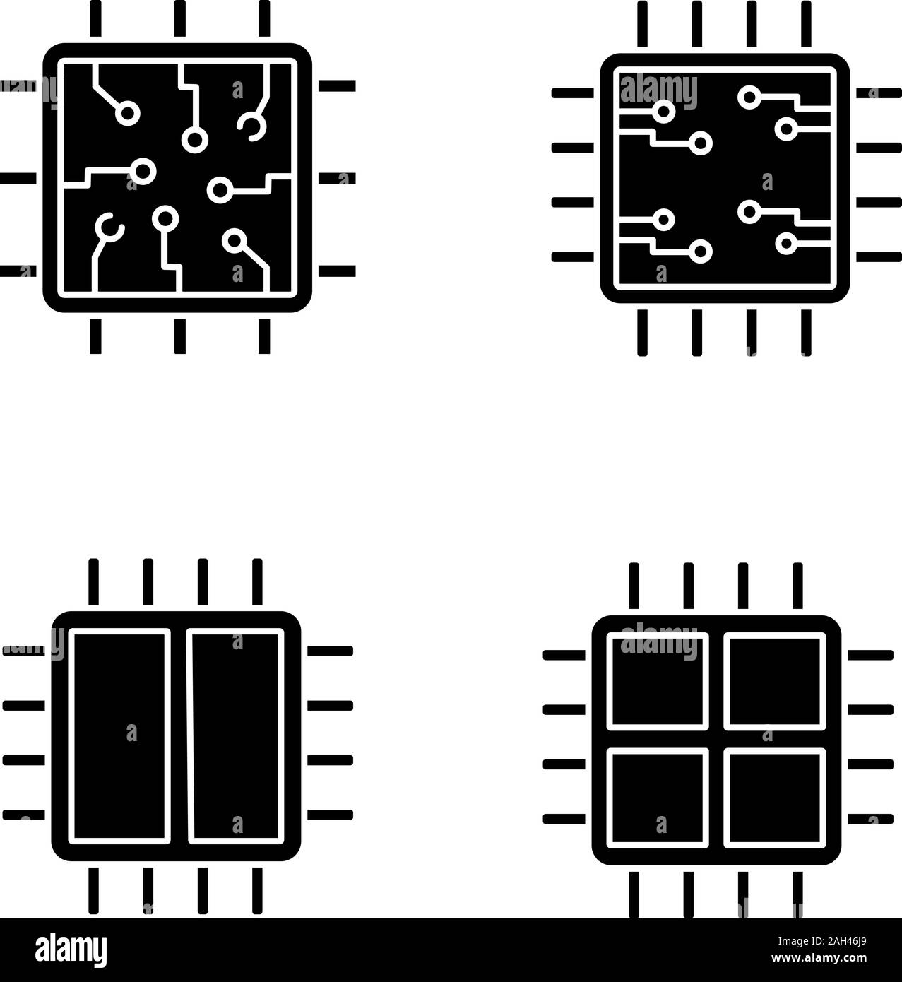 Glyphe de processeurs icons set. Puce, microprocesseur, unité intégrée, à deux et quatre cœurs. Symboles de Silhouette. Vector illustration isolé Illustration de Vecteur