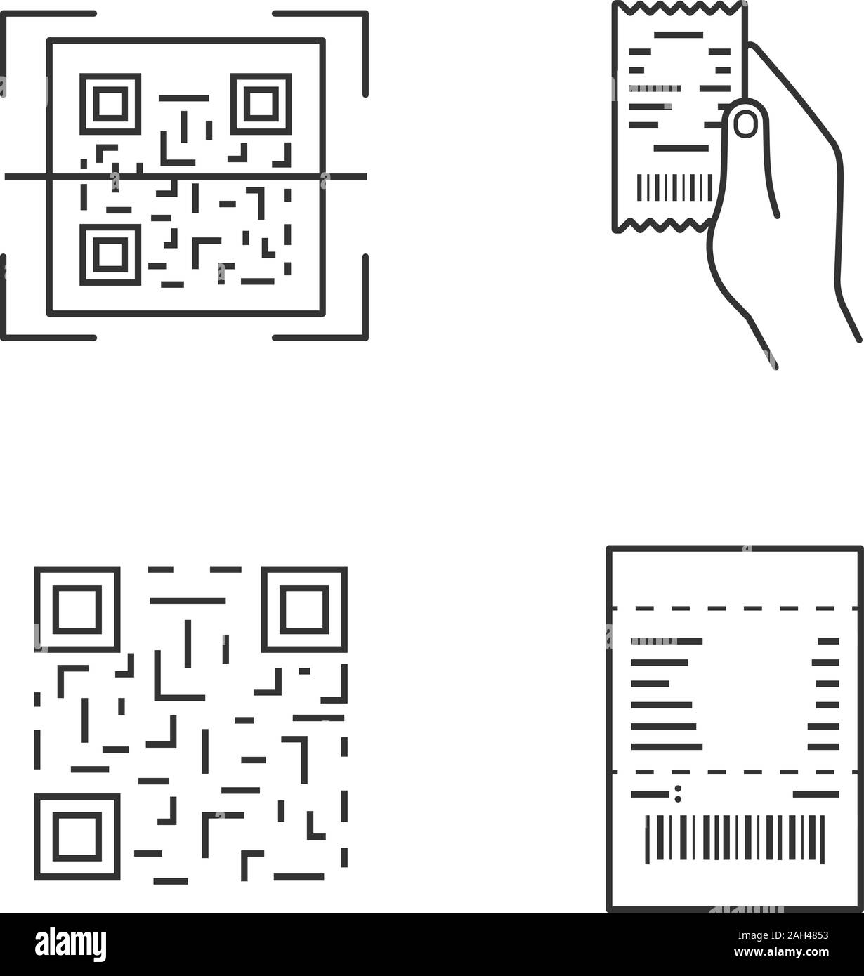 Icons set linéaire des codes à barres. QR Code Scanner, reçu papier en
