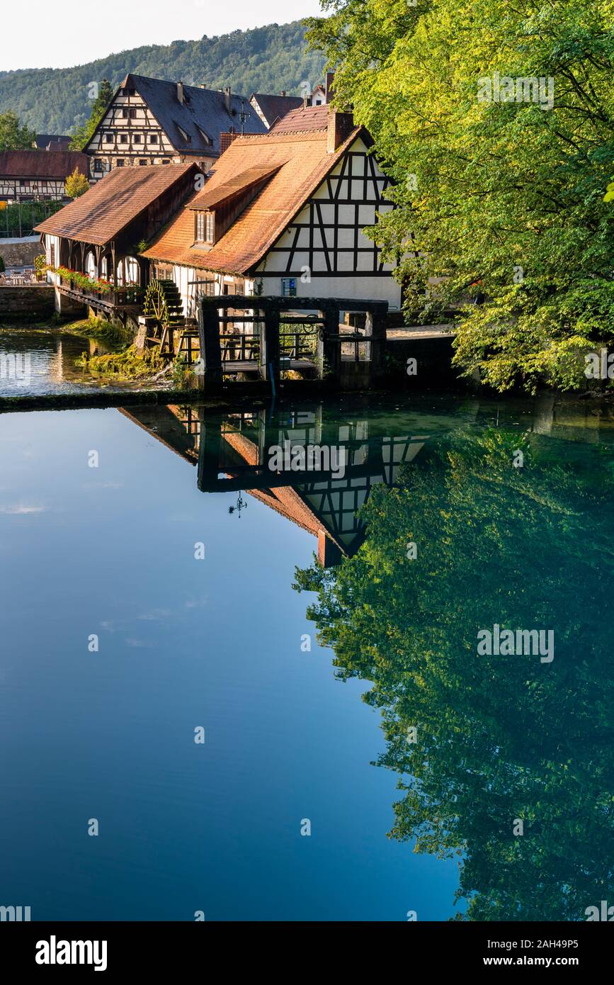 Allemagne, Bade-Wurtemberg, Blaubeuren, chalets se reflétant dans la rivière brillante Banque D'Images