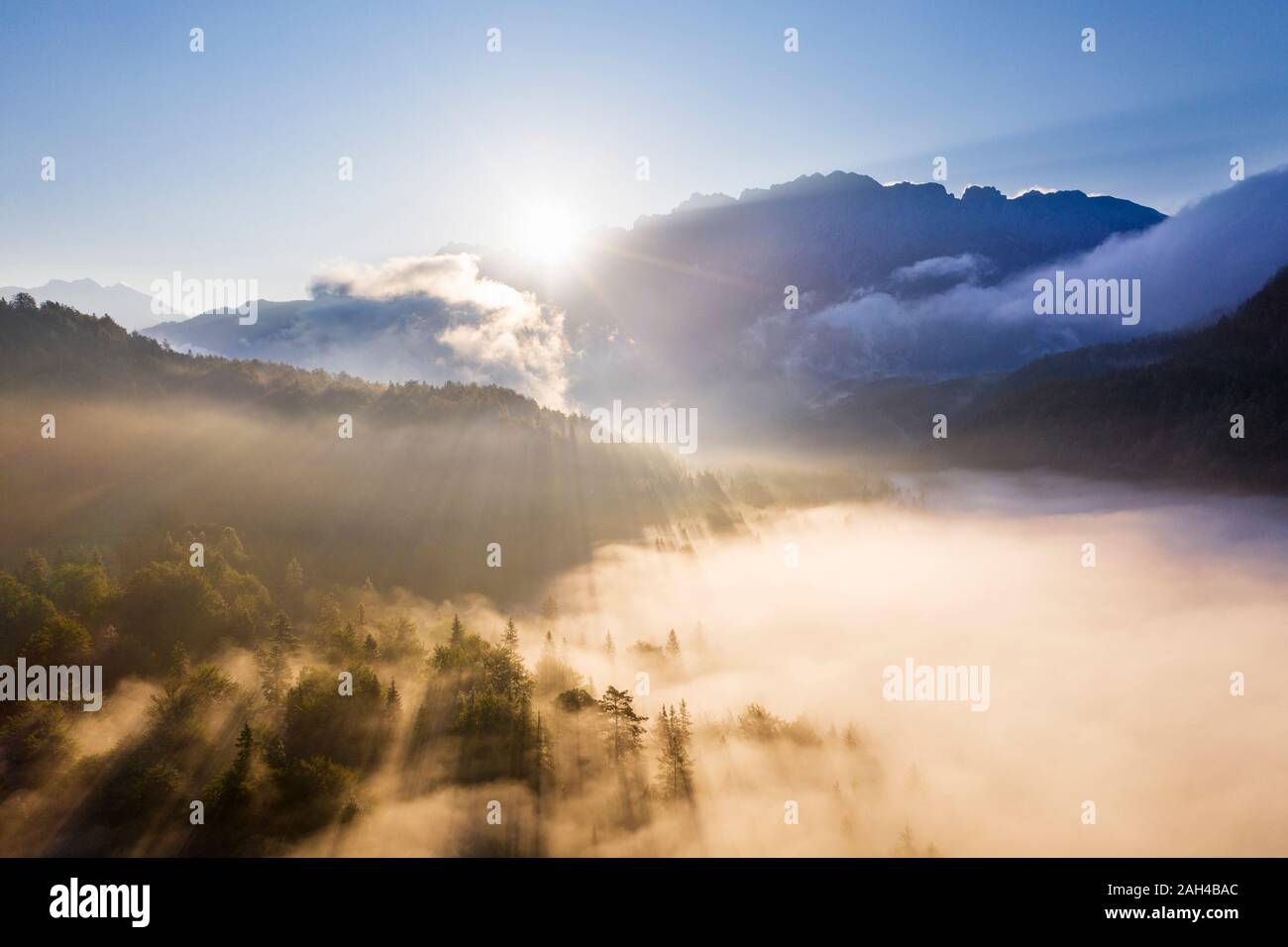 Germany, Bavaria, Mittenwald, soleil levant illumine le brouillard enveloppant Ferchensee lac et forêt environnante Banque D'Images