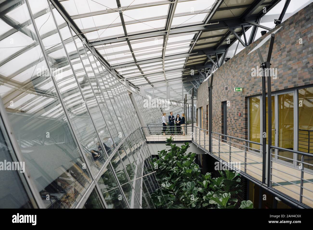 Les gens d'affaires debout sur une passerelle en immeuble de bureaux modernes Banque D'Images