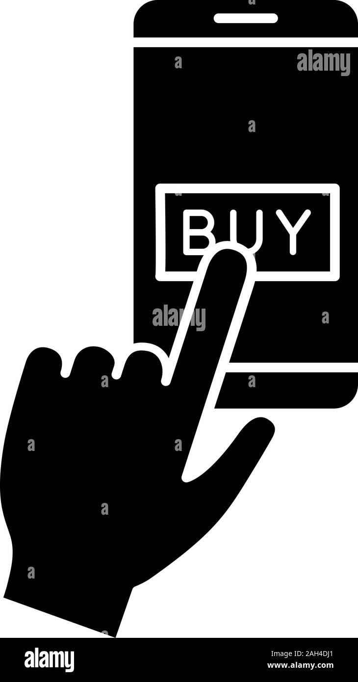 Par paiement en ligne cliquez sur l'icône de glyphe. E-paiement. Achat numérique. Paiements sans numéraire application pour smartphone. En appuyant sur la bouton payer. Symbole de Silhouette. Negat Illustration de Vecteur