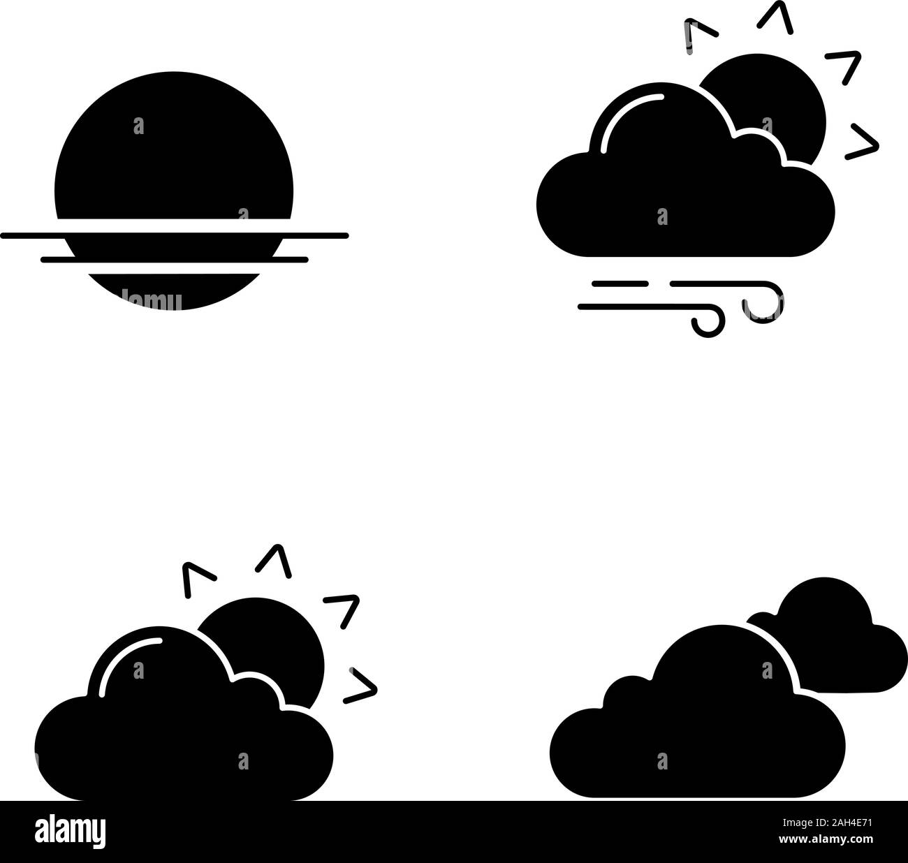 Météo glyphe icons set. Lever du soleil, coucher du soleil, très nuageux et venteux, les nuages. Symboles de Silhouette. Vector illustration isolé Illustration de Vecteur
