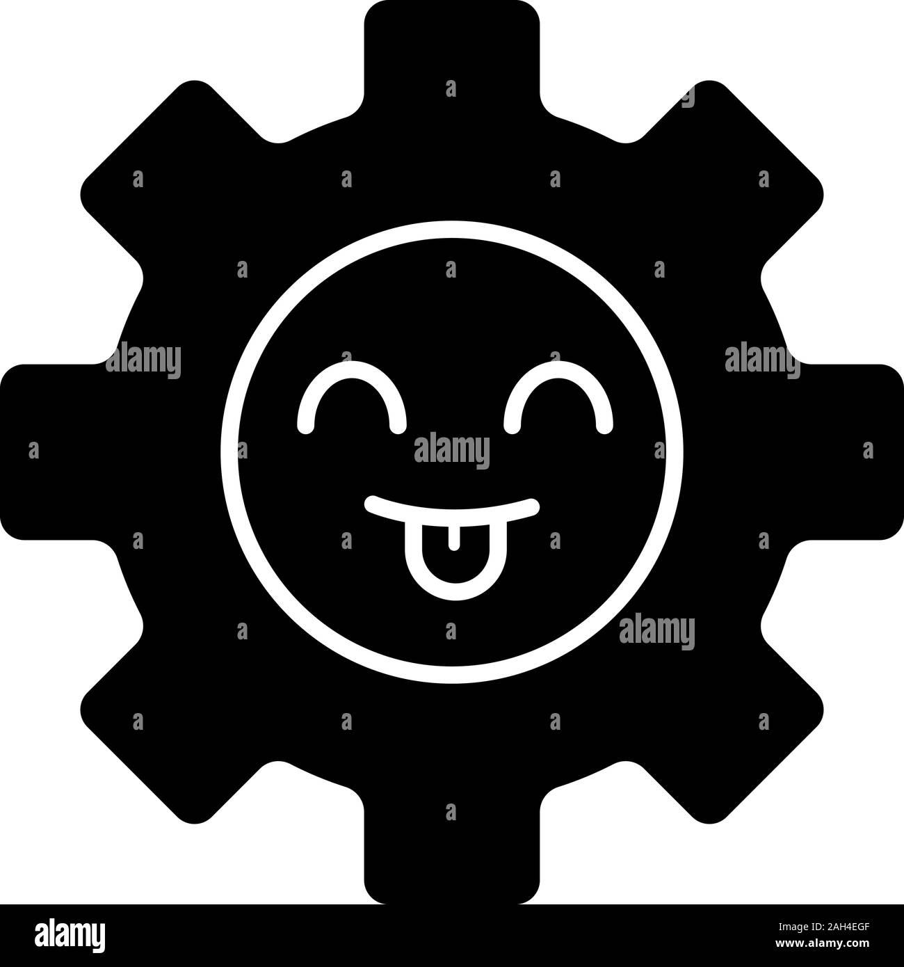 Glyphe d'engrenage souriant icône. Heureux. Processus de progrès. Professionnels de l'innovation. Emoticon, Emoji. Symbole de Silhouette. L'espace négatif. Vector isolated illus Illustration de Vecteur