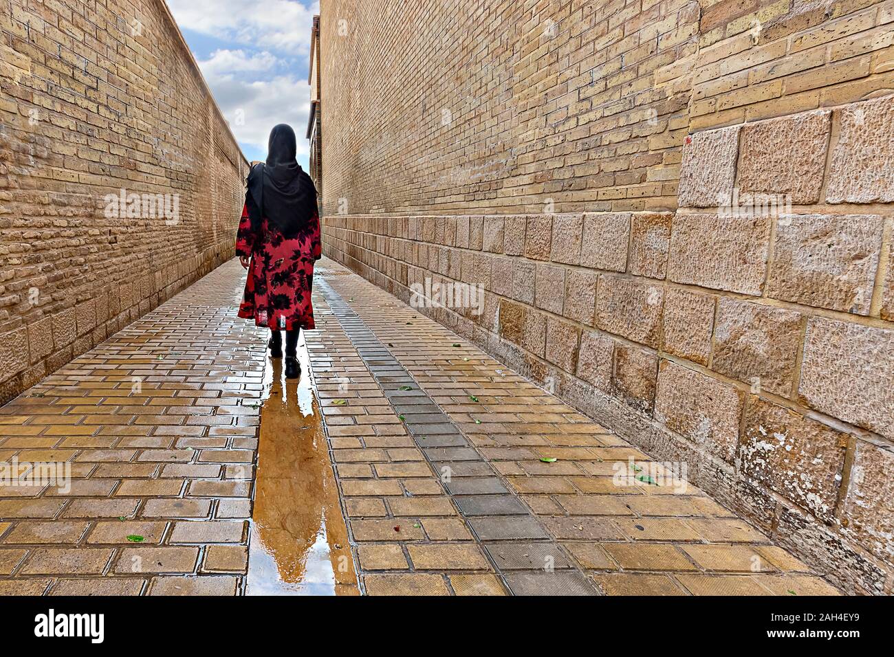 Femme locale marchant dans la rue pavée humide, Shiraz, Iran Banque D'Images