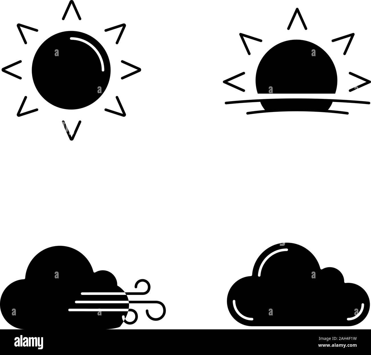 Météo glyphe icons set. Soleil, lever, coucher de soleil, nuageux et venteux, cloud. Symboles de Silhouette. Vector illustration isolé Illustration de Vecteur