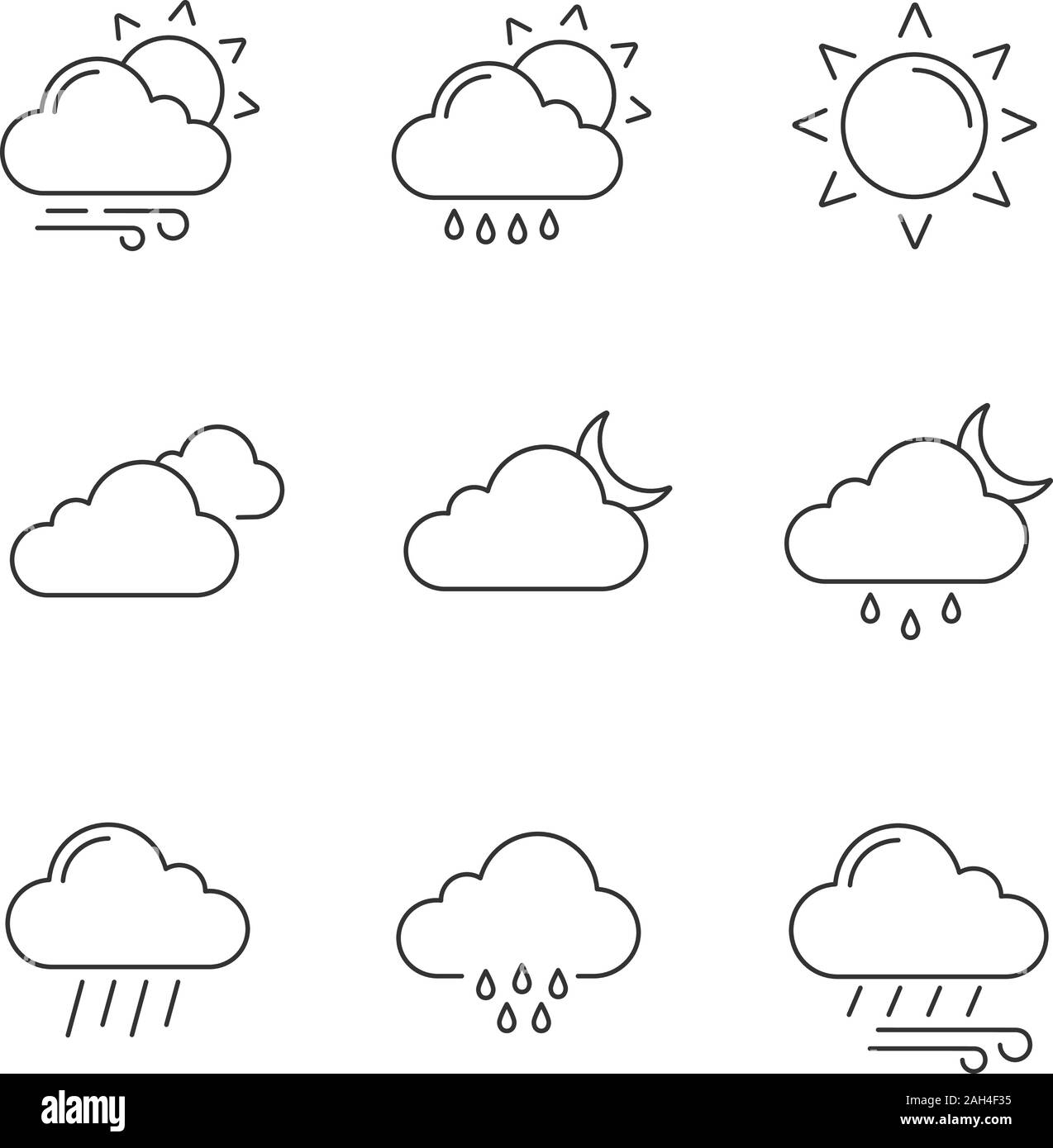 Prévisions météo icons set linéaire. Partiellement nuageux et venteux, la  bruine pluie, soleil, nuages, nuit, vent, ciel couvert, pluvieux la nuit.  Les vecteur isolé Image Vectorielle Stock - Alamy