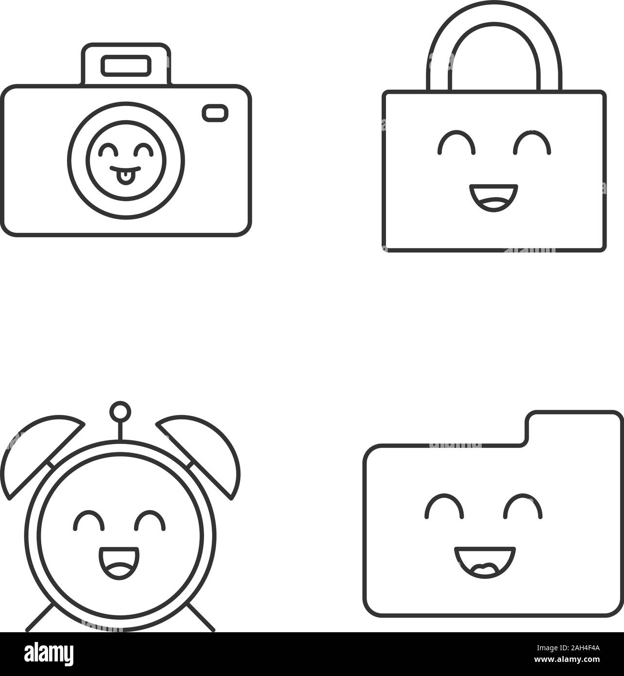Articles sourire icons set linéaire. Caractères. Appareil photo heureux, cadenas, réveil, dossier. Fine ligne contour des symboles. Grandes lignes vectorielles illustratio Illustration de Vecteur